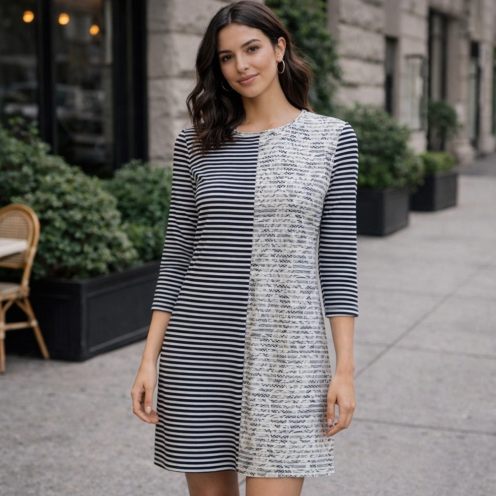 Mika and Gala Black White Stripe Lace Patchwork Shift Dress Size 10